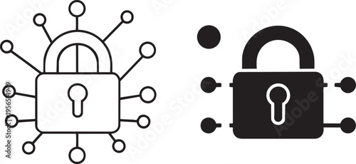 Digital lock icon for network security and data protection thin line and filled styles