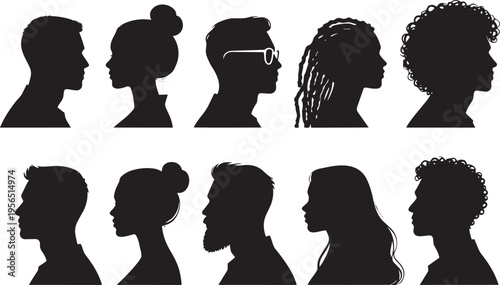 Diverse male and female side profile silhouettes illustrating variety of hairstyles and features