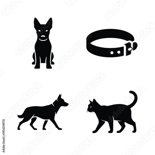 Collection of black silhouette icons featuring sitting dog pet collar standing dog and walking cat design