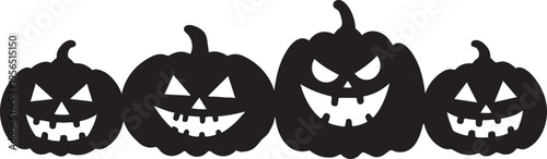 Four carved halloween pumpkins with spooky faces in a row as black silhouettes on white background