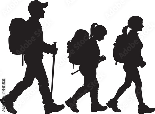 Hikers with backpacks walking in profile, representing outdoor adventure and travel