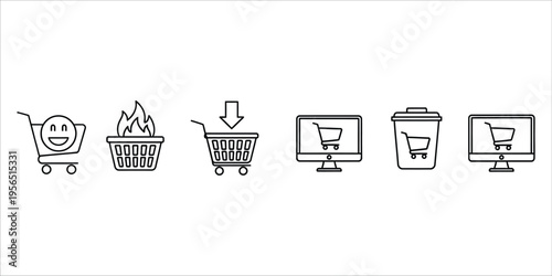 E commerce shopping cart and trash can icons in various states