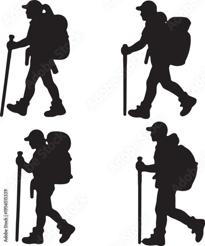 Hikers with backpacks walking with trekking poles on mountain trail adventure travel recreation journey