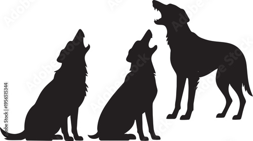 Howling wolf silhouettes pack sitting and standing isolated on white background wild animals