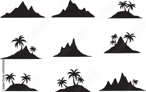 Island silhouettes palm trees mountains