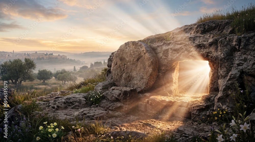 Fototapeta premium Empty stone tomb at sunrise with radiant sunbeams streaming through the entrance, set in a peaceful rocky landscape with wildflowers, symbolizing resurrection, hope, faith, and Easter.