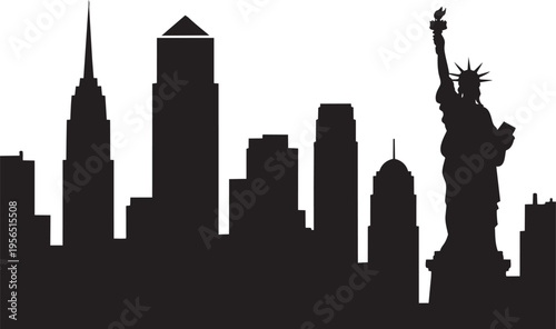 New york city skyline silhouette with statue of liberty against clear white sky background