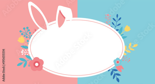 Happy Easter greeting card with bunny ears and floral decorations on pastel background