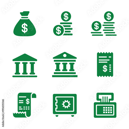 Green finance icon set featuring currency bag stacked coins bank architecture purchase receipts vault and retail cash machine