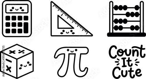 Vector line art icons calculator ruler abacus dice pi and count it cute