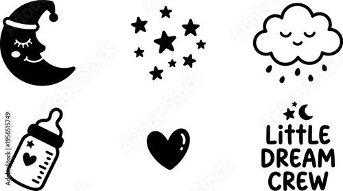 Line art vector icons of moon stars cloud baby bottle heart and little dream crew