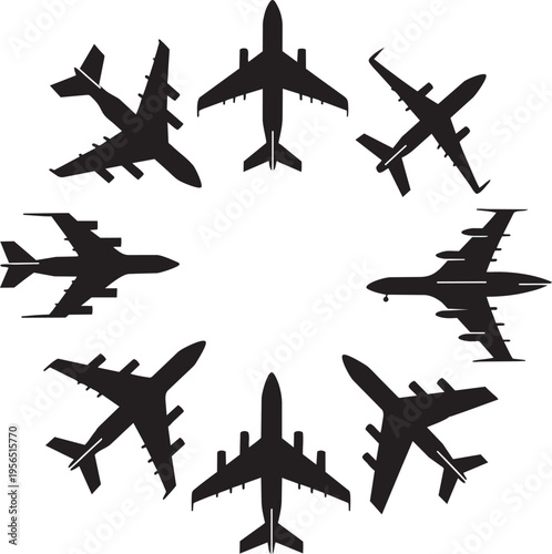 Set of aircraft silhouettes, military and civil airplanes in various views, different shapes flying
