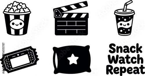 Cinema snack icons vector set with popcorn clapperboard cup and pillow