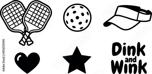 Vector line art tennis rackets ball visor heart star and dink and wink
