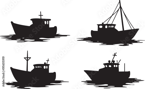 Set of black silhouettes of fishing boat simple outline illustration for design on white background