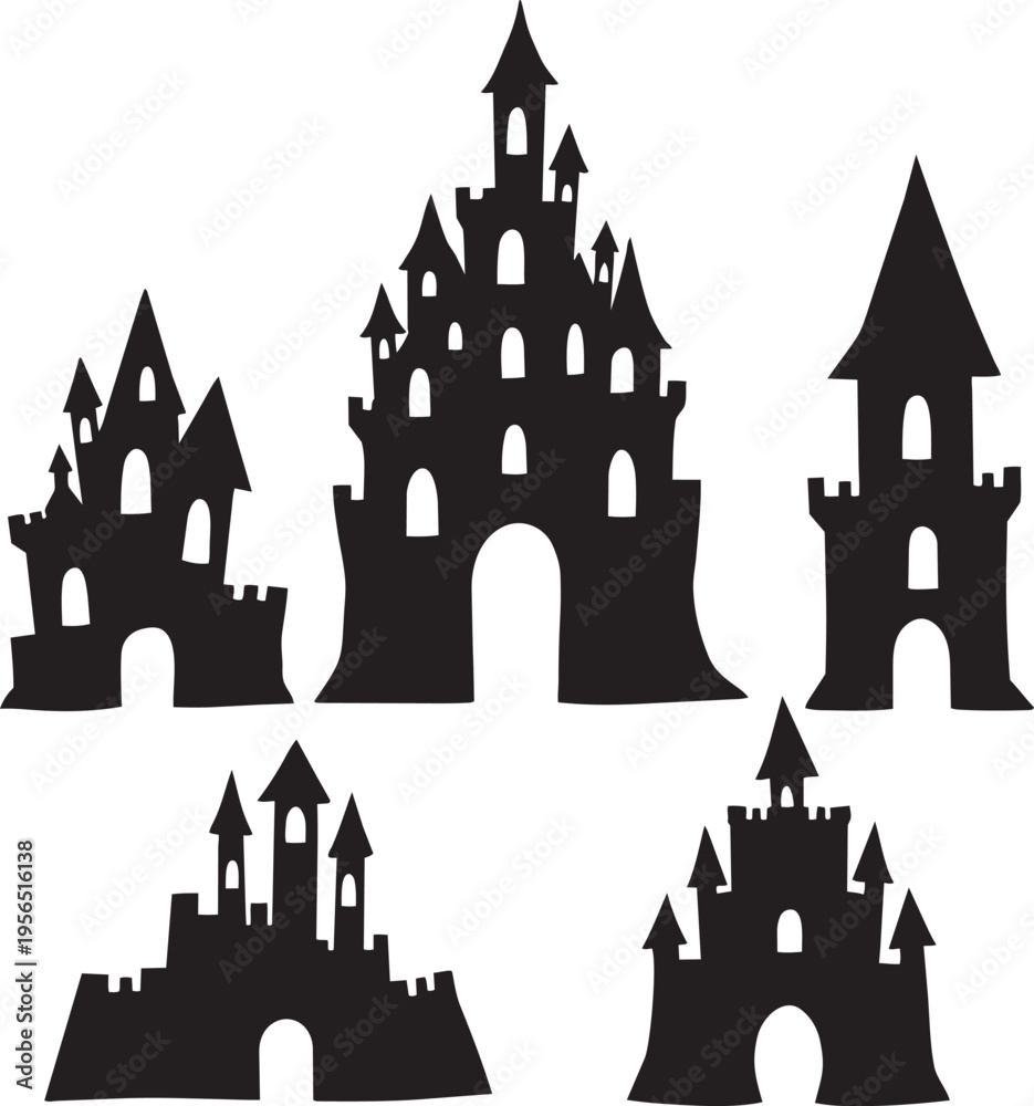 Obraz premium Set of five different fantasy castles silhouettes in varying sizes and architectural styles