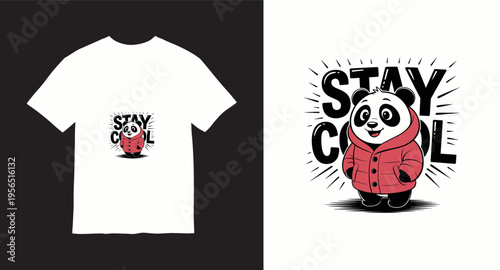 Cute stay cool panda mascot wearing red winter puffer jacket illustration for children t-shirt design and apparel