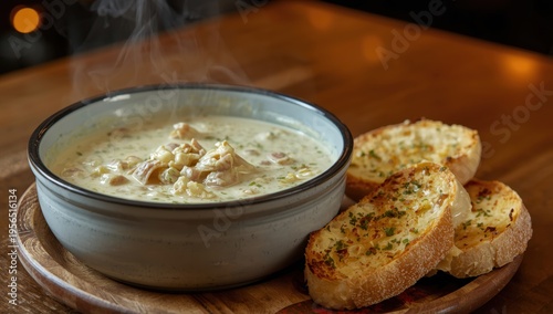 A dish of smooth clam soup accompanied by two garlic bread slices.