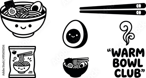 Line art ramen bowl with chopsticks and egg in monochrome smiling doodles