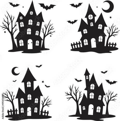 Set of four halloween haunted houses with trees bats and moon scary silhouettes