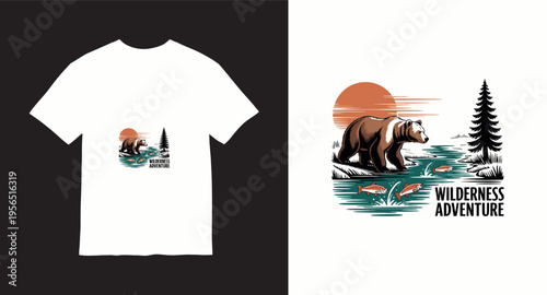 Wilderness adventure bear fishing in river sunset background vintage illustration