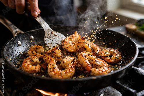 Dynamic Cooking Action of Garlic Butter Shrimp in Hot Pan with Oil Splash and Steam, Realistic Kitchen Scene