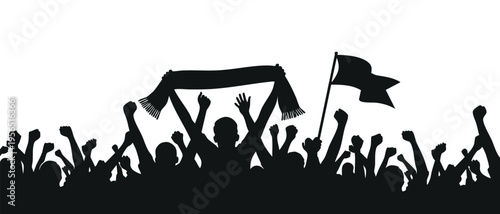 Black silhouette of a crowd of football fans cheering with a flag and scarf—an isolated design element, vector illustration.
