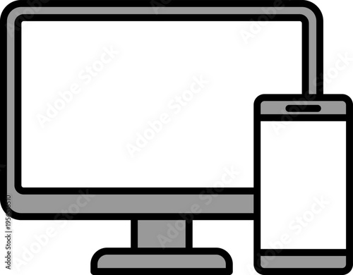パソコンモニターとスマートフォンのイラスト｜レスポンシブ・デバイス対応のシンプルアイコン　Illustration of Computer Monitor and Smartphone – Responsive Device Concept
