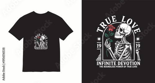 True love infinite devotion skeleton holding a red rose vintage tattoo style t-shirt design