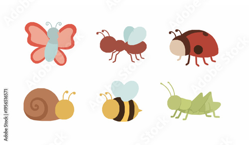 Cute cartoon insects vector set with butterfly ant ladybug bee snail and grasshopper isolated on white