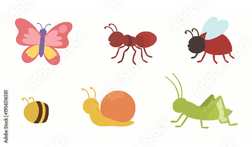 Kawaii cartoon insect collection vector set with butterfly ant ladybug bee snail grasshopper isolated white