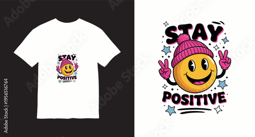 Stay positive smiling emoji t-shirt design with beanie hat and stars, cute graphic