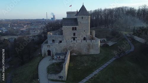 Drone flight aerial view over Castle in Będzin