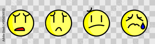 Yellow smiley face. Sad and crying. Sad emoji. On transparent background.