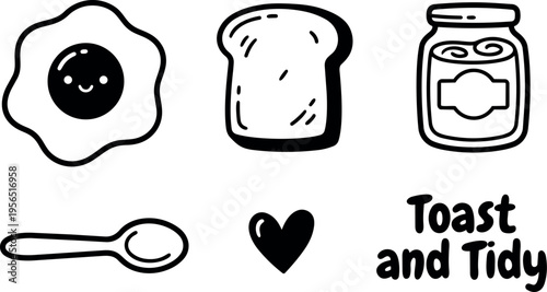 Line art breakfast icons with egg bread jam spoon heart and text toast and tidy