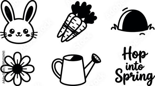 Line art bunny carrot hat flower watering can spring illustration cute garden