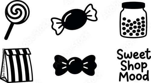 Line art candy icons and mood text for sweet shop