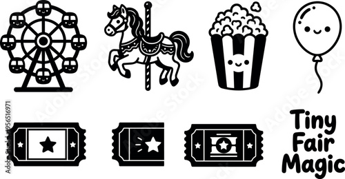 Line art carnival icons set with ferris wheel carousel horse popcorn balloon and tickets