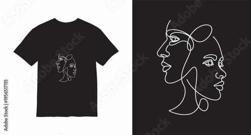 Minimalist one line art t-shirt design featuring abstract continuous line drawing of two faces silhouettes