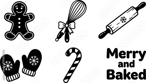 Christmas baking vector icons gingerbread man mittens candy cane rolling pin and whisk