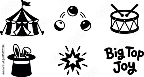 Vector art circus icons including tent juggling balls drum hat and big top joy