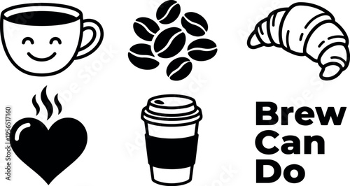 Line art icons of coffee cup coffee beans croissant heart takeout cup and brew can do text