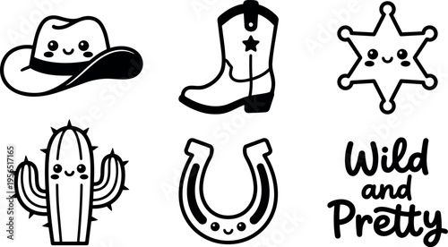 Vector line art cowboy hat boot sheriff badge star cactus horseshoe wild pretty