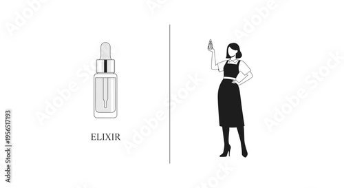 Elixir bottle and woman holding dropper in minimalist black and white line art for skincare branding