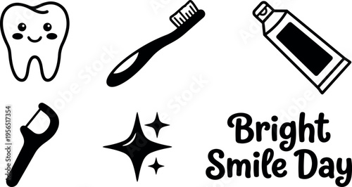 Line art tooth toothbrush toothpaste icons with bright smile day text