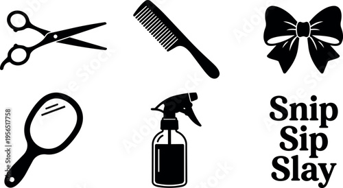 Vector line art set of hair salon icons including scissors comb bow mirror spray bottle