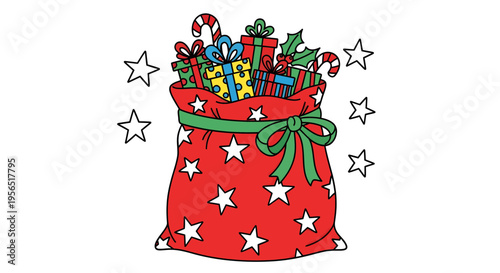 A festive Christmas stocking filled with colorful gifts and candy canes on a starry night