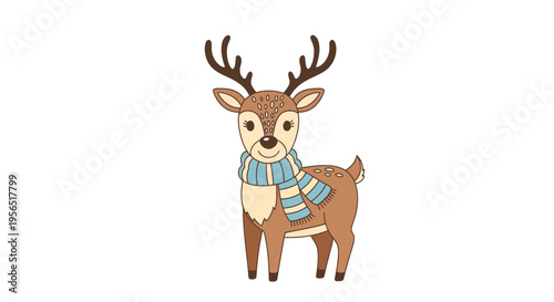 A deer wearing a scarf stands in a snowy forest landscape
