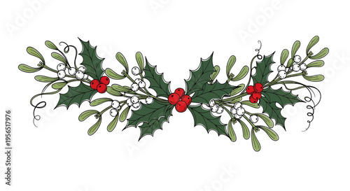 A festive holly and mistletoe arrangement with red berries on a decorative branch