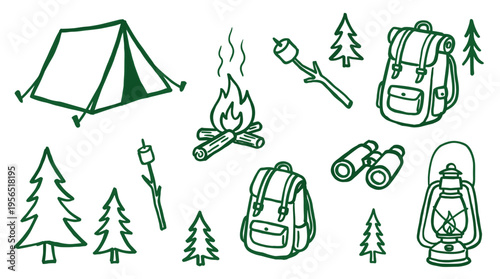Hand drawn doodle illustration of camping elements including tent campfire marshmallows backpack binoculars and trees in green outline on white background